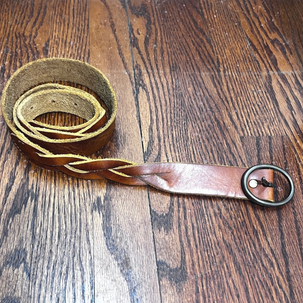 Eddie Bauer Womens Brown Genuine Leather Braided Woven Belt Medium Round Buckle